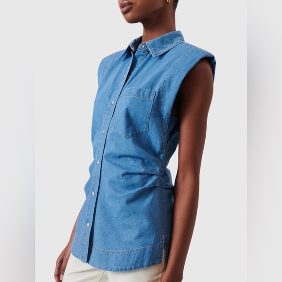 Derek Lam Tops - Derek Lam 10 Crosby Ivy Sleeveless Ruched Button Down Shirt Light Wash Denim 0